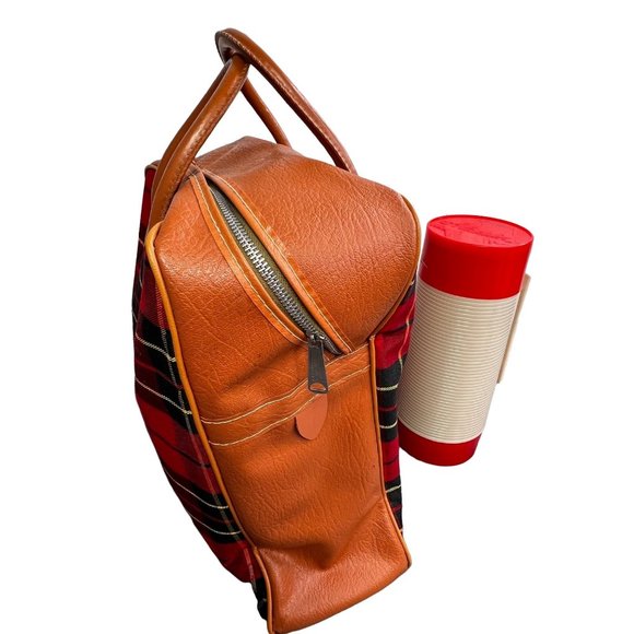 Vintage Plaid Picnic Tote with Aladdin Thermos Red Black Tan Zippered Bag Case - Picture 3 of 11